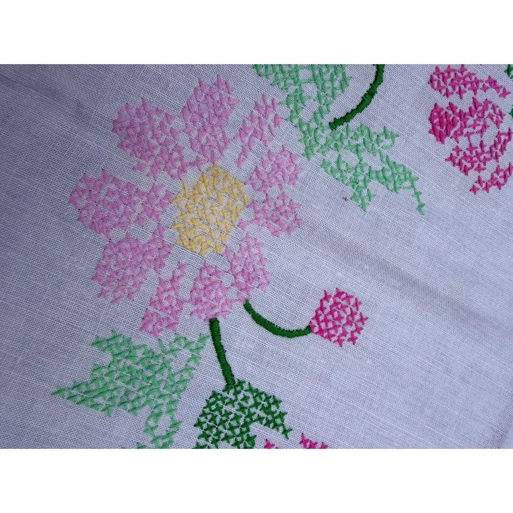 Vintage Hand Embroidered Floral Tablecloth Cottagecore Farmhouse Pink Green Line